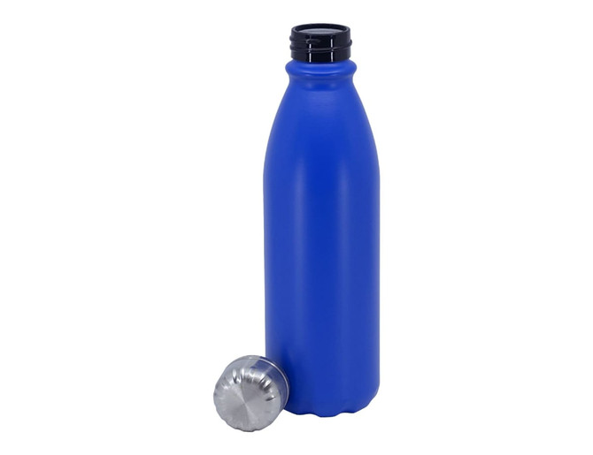 A blue aluminium drink bottle with a black screw-top lid, featuring a metallic base. It has a logo on the side.