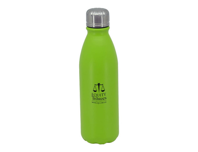 A drink bottle in vibrant green with a silver cap and a logo on the side.