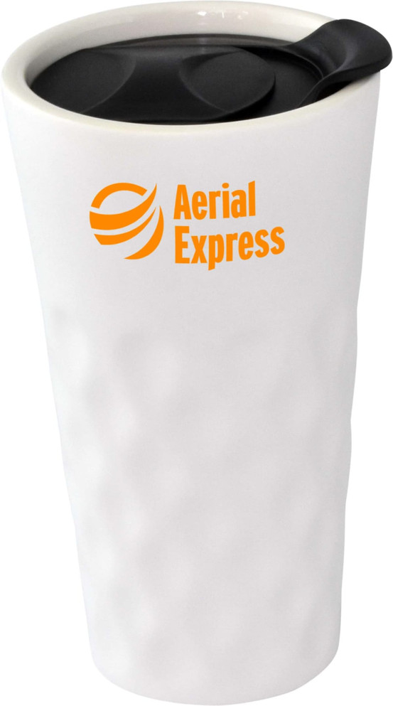 A white ceramic mug with a textured design and a black lid, featuring a logo.