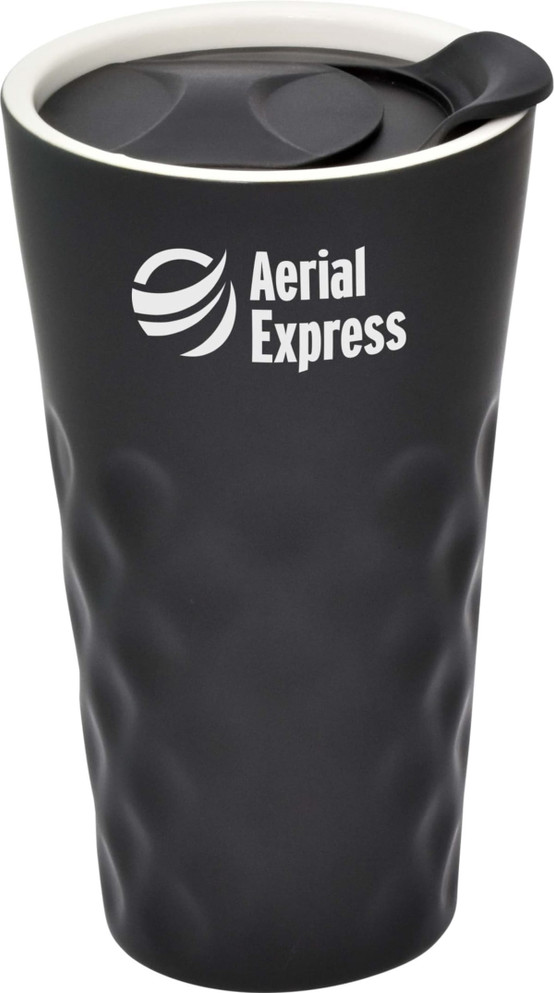 A black ceramic mug with a textured exterior and a white rim, featuring a logo on the side.