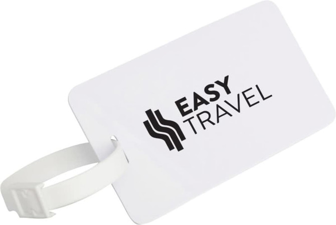 A white luggage tag with a strap, featuring a logo and the text "EASY TRAVEL."