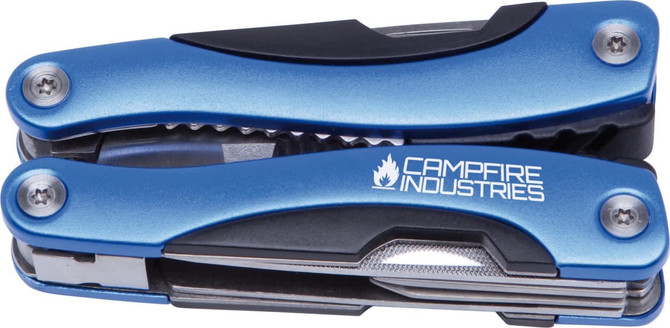 A blue multi-tool with various tools integrated, featuring a logo on one side.