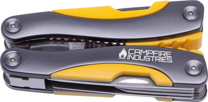 A multi-tool in grey and yellow with a logo, featuring various tools and a compact design.