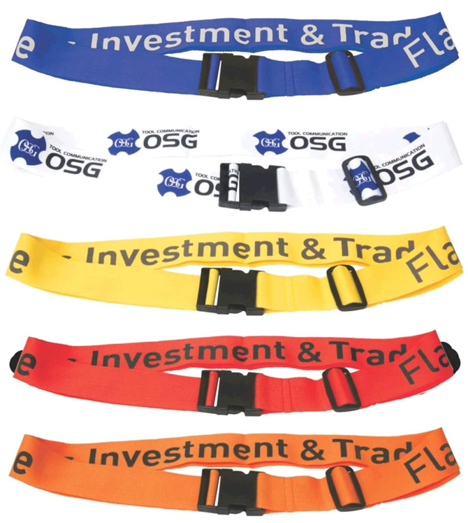 Multiple luggage straps in blue, white, yellow, orange, and red, each featuring black clips and a logo.