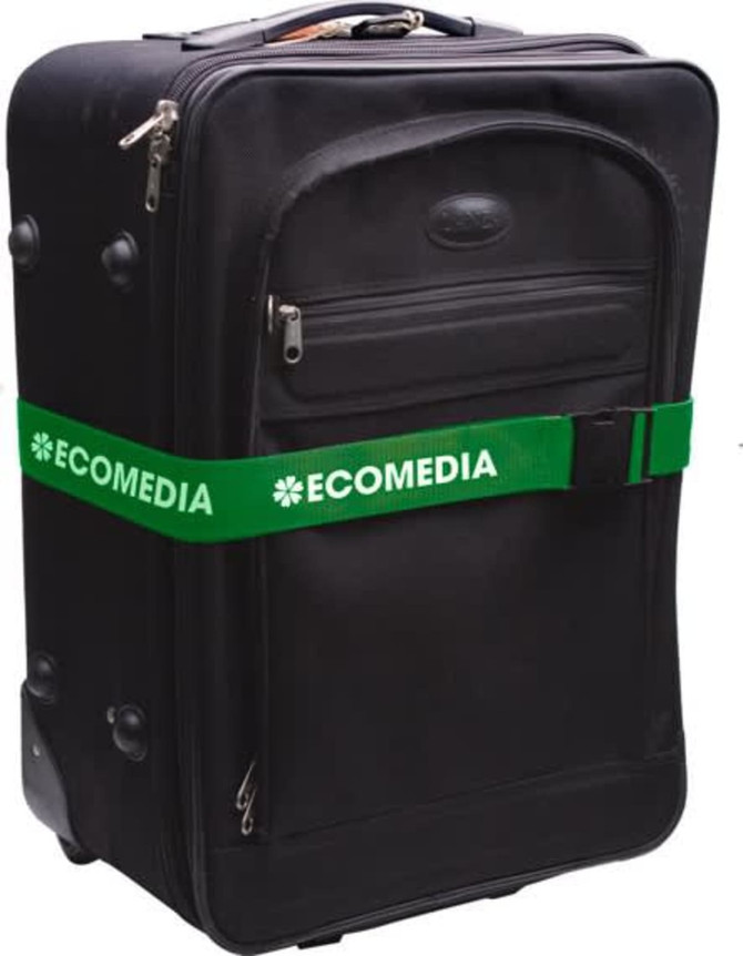 A black suitcase secured with a green luggage strap featuring a logo.