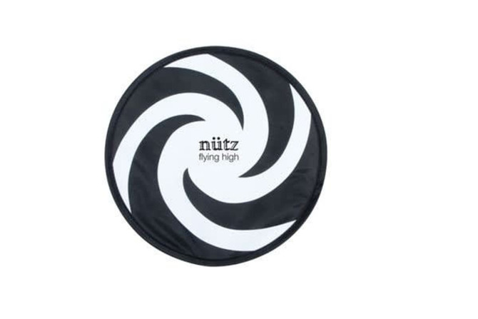 A black and white spiral design frisbee with a logo in the centre, featuring a sleek, aerodynamic shape.