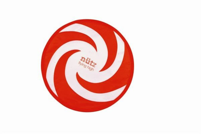 A red and white spiral-patterned Frisbee featuring a logo in the centre.