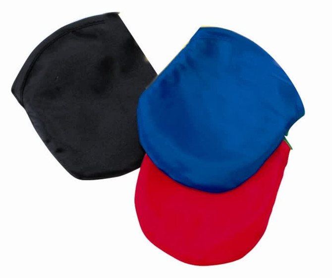 A set of three frisbees in black, blue, and red, featuring a smooth surface and a logo on one.