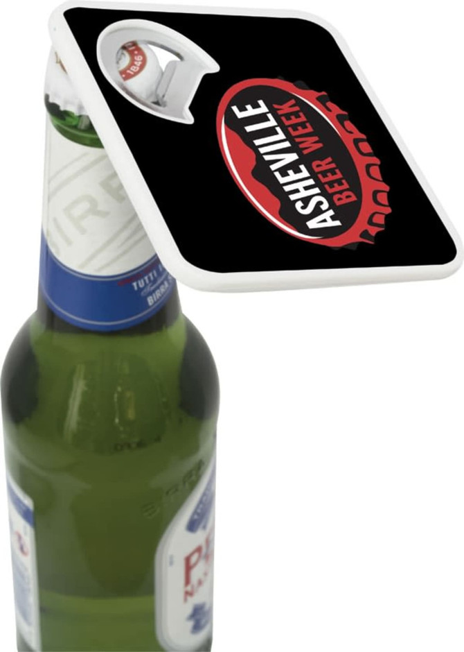 A drink bottle with a white bottle opener-coaster featuring a black design and a logo.
