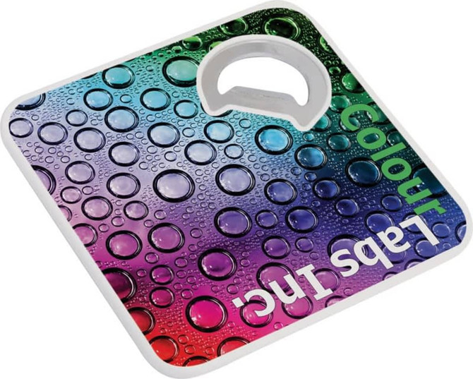 A drink bottle opener and coaster with a vibrant gradient of pink, purple, blue, and green, featuring a logo.