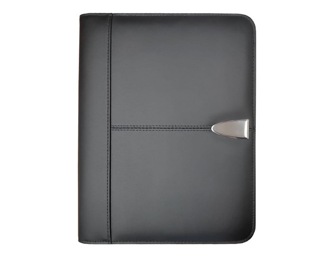 A black leather A4 zip portfolio featuring a sleek design and metal accent, equipped with a logo.