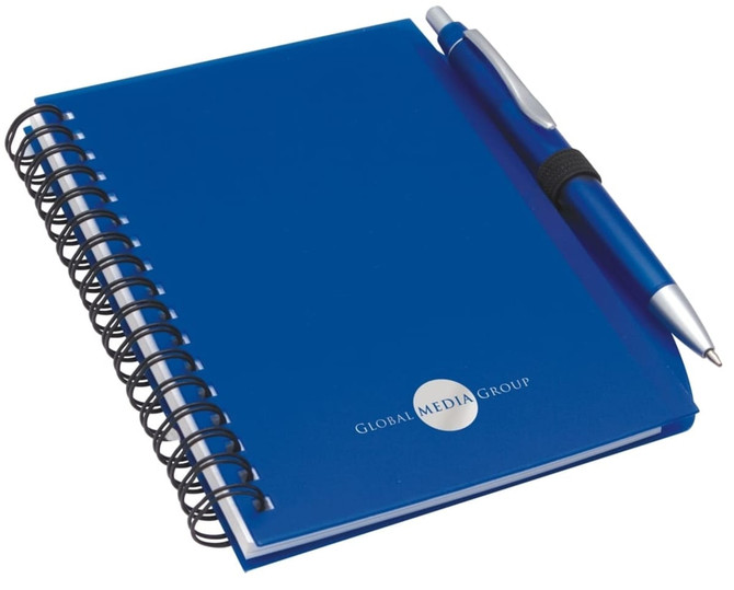 A blue notepad with a spiral binding and a matching pen, featuring a logo on the cover.
