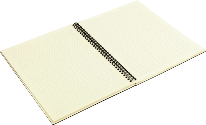 A spiral-bound A4 notebook with lined pages, featuring a cream-coloured interior and a dark cover.