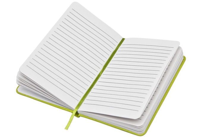 A green and white notebook with lined pages, partially opened to display its interior, featuring a ribbon bookmark.