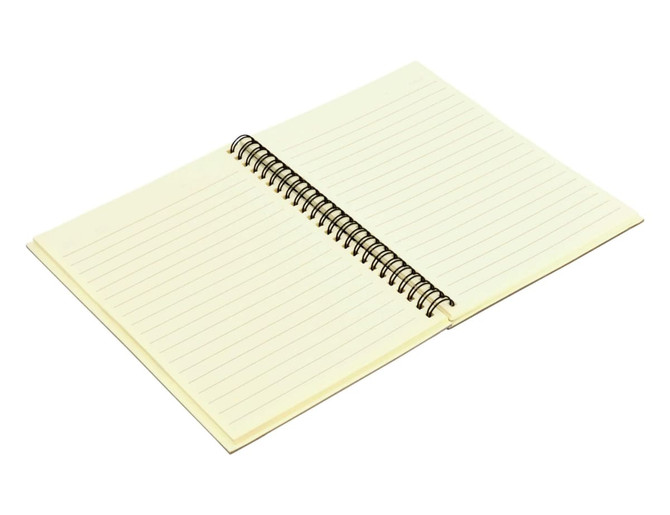 A spiral-bound A5 notebook with lined pages, featuring a cream cover and a black wire binding.