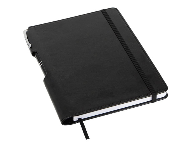 A black A5 notebook with an elastic band closure, featuring a pen holder and ribbon bookmark.