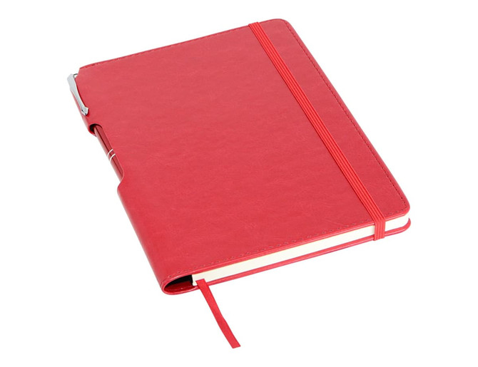 A red A5 notebook with a pen holder and elastic closure, featuring a textured cover and ribbon bookmark.
