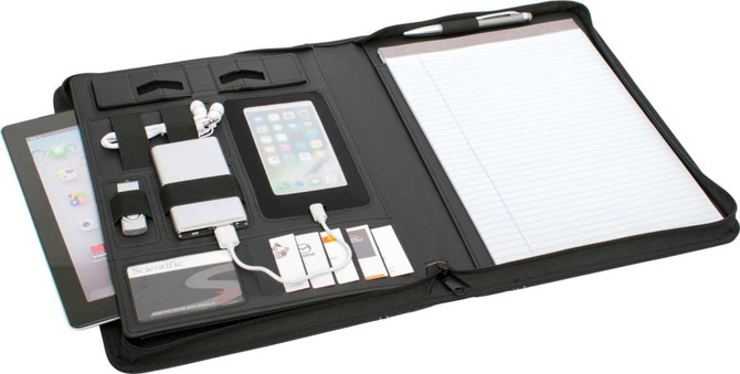 A black A4 zip portfolio featuring compartments for a tablet, accessories, a notepad, and a pen.