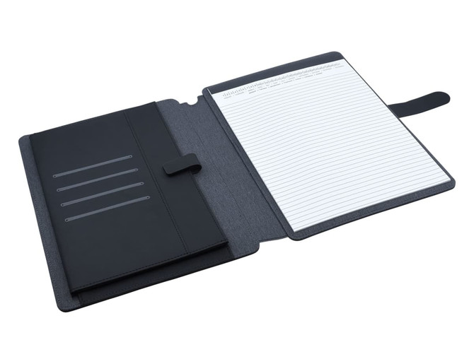 A black and charcoal A4 portfolio with an interior lined notepad and slots for cards or documents.