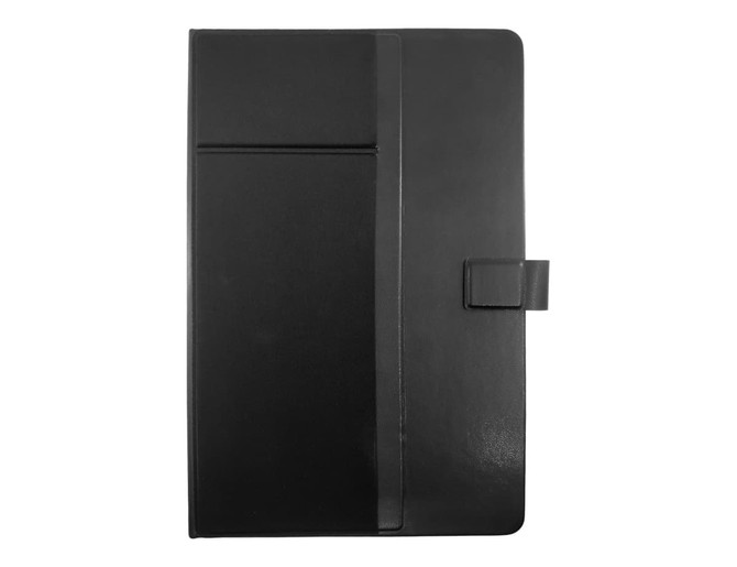 A black notebook with a sleek cover featuring a pocket and a fastening strap. Designed for remote work.