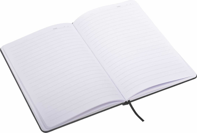 An A5 notebook with a black cover and lined pages, featuring a ribbon marker and an internal logo.