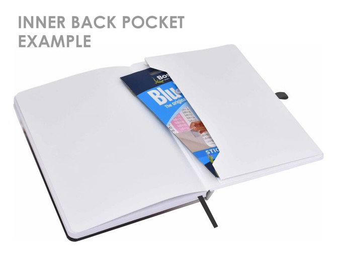 An open A5 notebook featuring a white interior and a black back cover, with a visible inner back pocket.