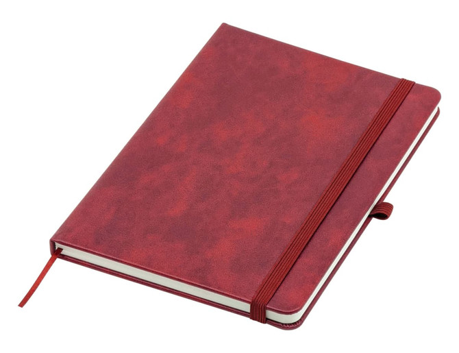 A red Apex A5 notebook with a textured cover and an elastic closure. It includes a matching bookmark ribbon.