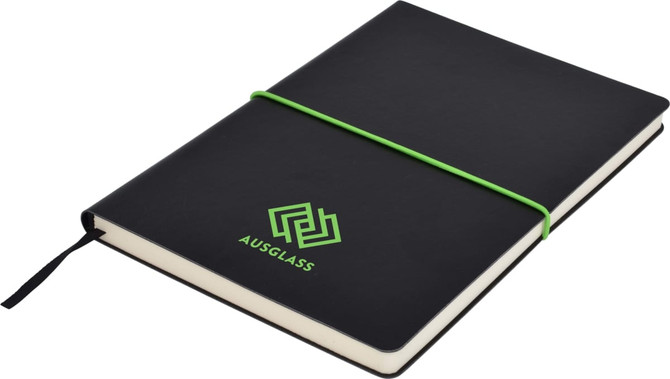 A black A5 notepad with a green elastic band and logo on the cover. Features blank pages inside.
