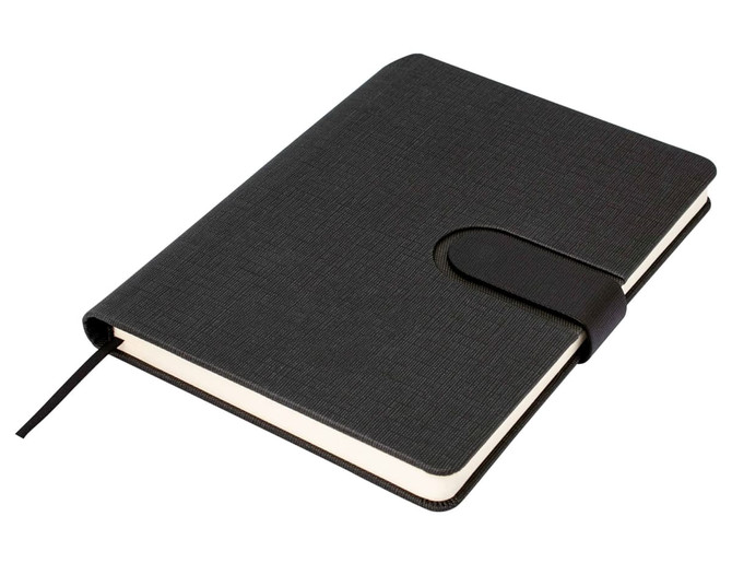 A black A5 notebook with a textured cover, a matching strap closure, and an attached ribbon bookmark.