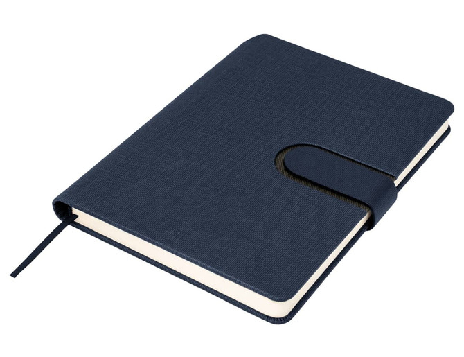 A navy A5 notebook with a textured cover and an elastic closure, featuring a ribbon bookmark.