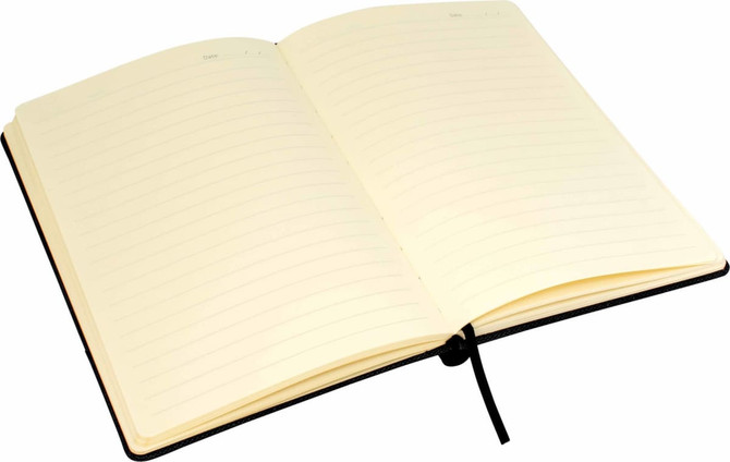 An open A5 notebook with cream pages, featuring a black cover and a ribbon bookmark. It includes a logo.