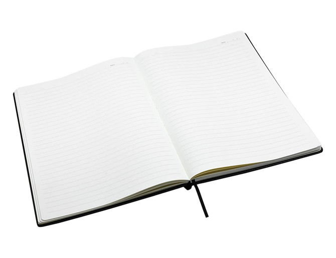 A black A4 notebook with lined pages and a ribbon marker, open and displaying its interior.