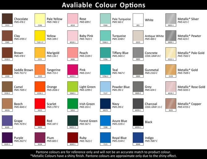 A palette of available colour options for promotional products, featuring various shades including whites, blues, greens, and metallics.