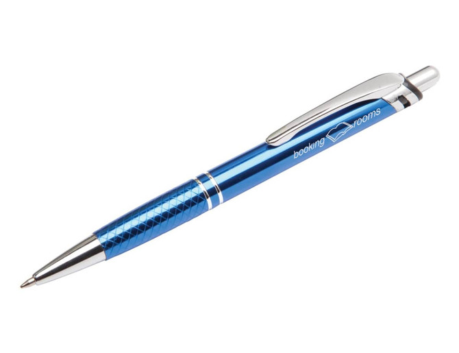 A blue metal pen with a textured grip and silver accents, featuring a branding logo.