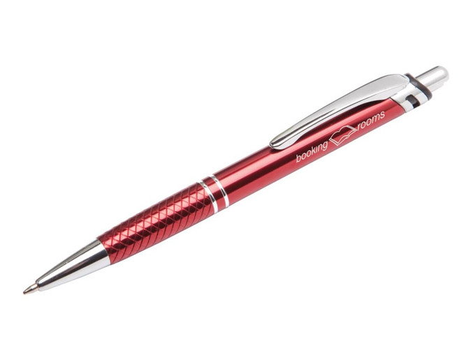 A red metal pen with a textured grip and a silver clip, featuring a logo.