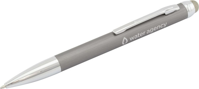 A stylus pen in grey with a silver trim and a logo on the barrel.