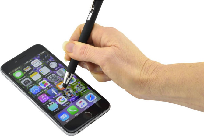 A black stylus pen being used on a smartphone screen, showcasing its sleek design and functionality.
