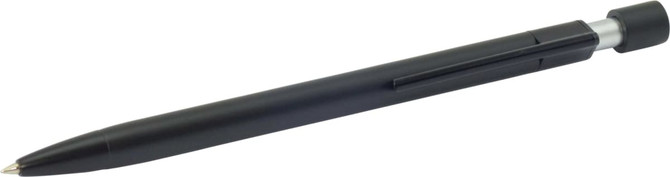 A sleek black metal pen with a silver clip and cap, featuring a logo on its body.