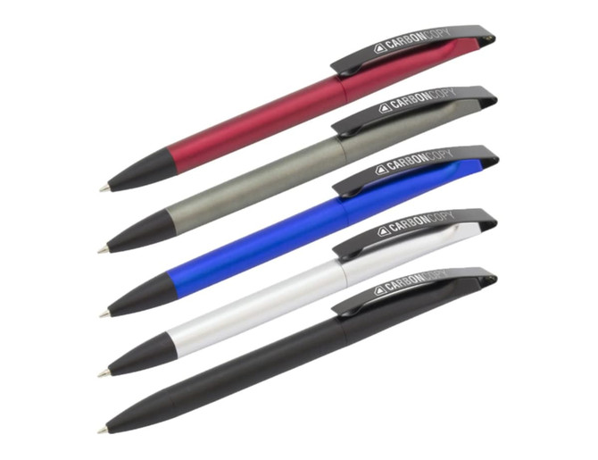 A collection of five plastic pens in red, grey, blue, silver, and black, each with a logo on the clip.