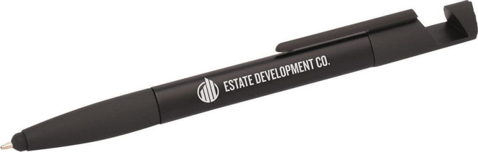 A black 6-in-1 multi pen featuring a branding logo, with a stylus tip and a clip for attaching.