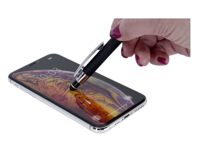 A black stylus pen is being used on a smartphone screen, with a sleek, metallic design.