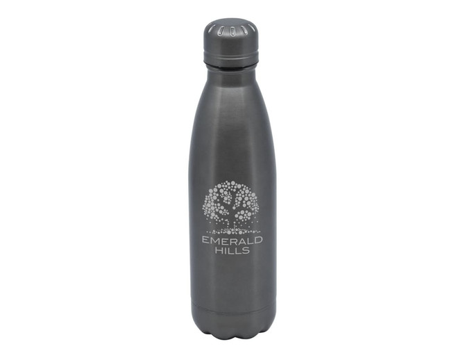 A drink bottle featuring a sleek stainless steel design in grey, with a logo on its surface.