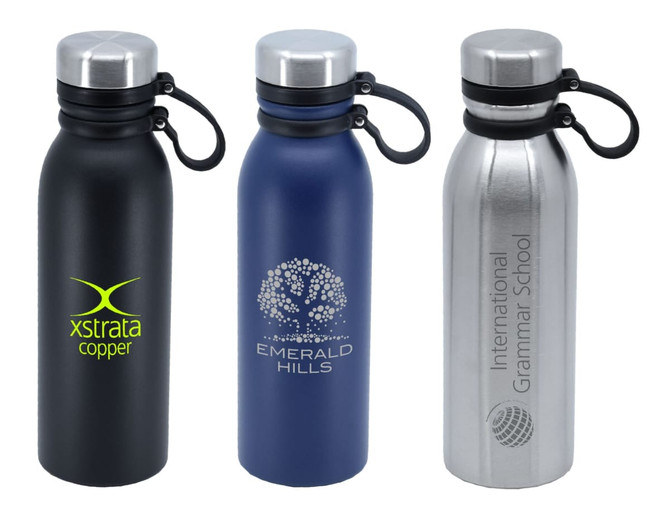 A drink bottle collection featuring a black, blue, and silver vacuum flask, each with a cap and a logo.