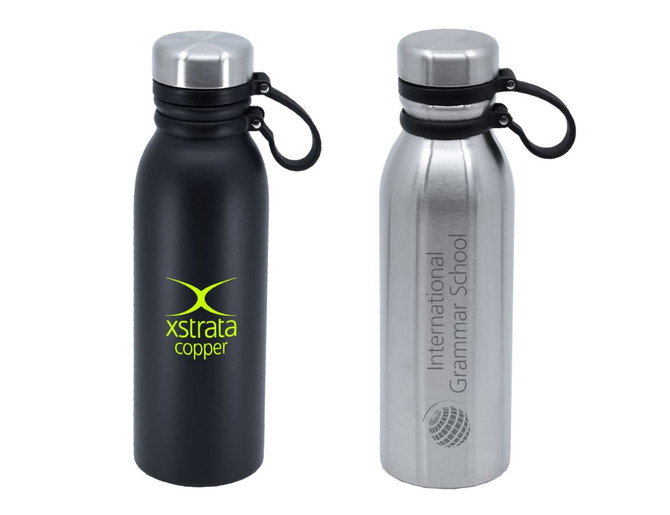 A drink bottle with a black matte finish and a silver stainless steel option, both featuring logos.