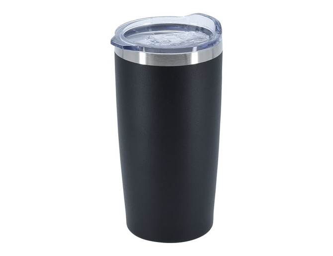 A travel mug featuring a sleek black design with a clear lid and stainless steel accent.
