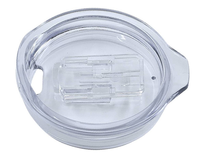 A clear, transparent lid designed for a travel mug, featuring an opening and a small handle.