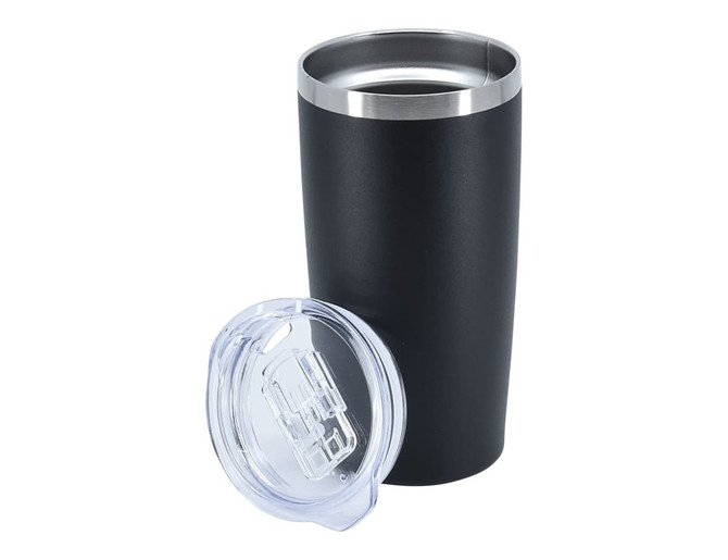 A travel mug with a double wall design, featuring a sleek black exterior and a stainless steel rim. Includes a clear lid.