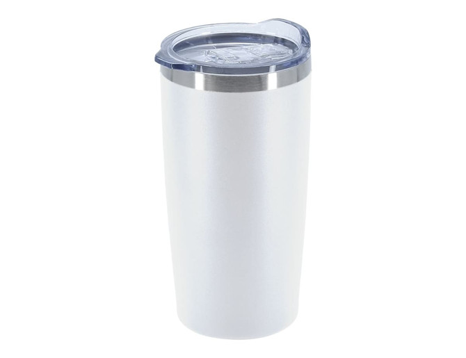A double wall travel mug in white with a clear lid and a metal rim. Features a logo.