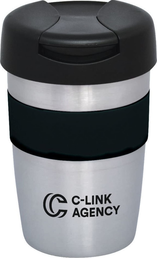 A double wall travel mug in stainless steel with a black silicone grip and lid, featuring a logo.