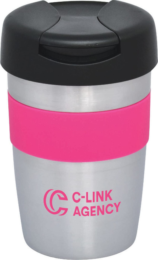 A travel mug with a stainless steel body, a black lid, and a pink silicone grip. It features a logo.